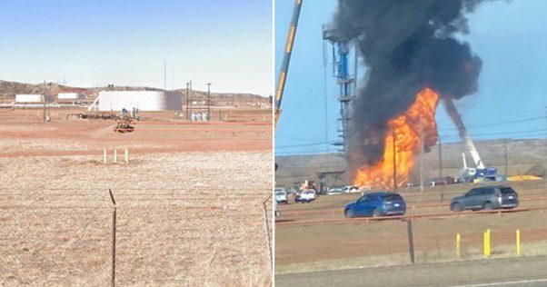 Three people were hurt after an explosion started a massive fire at a fuel storage facility.